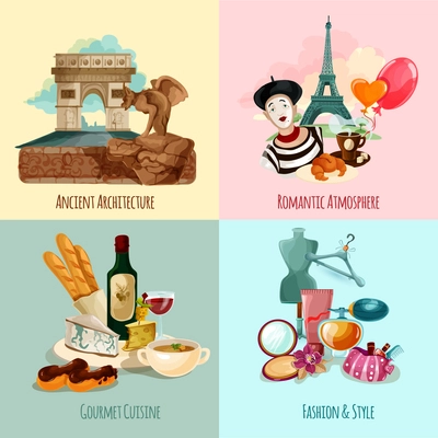 Paris design concept set with architecture cuisine fashion and style cartoon icons isolated vector illustration