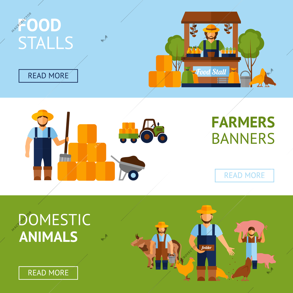 Farmers horizontal banner set with domestic animals and food elements flat isolated vector illustration