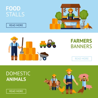 Farmers horizontal banner set with domestic animals and food elements flat isolated vector illustration