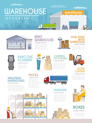 Warehouse infographics set with goods delivery and merchandise symbols vector illustration