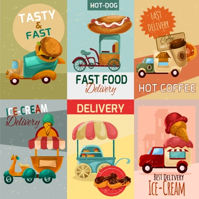 Fast food delivery trucks mini posters set isolated vector illustration