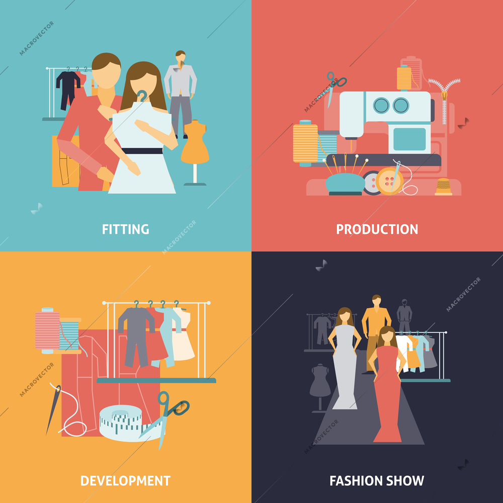 Clothes design icons set with production process development and fashion show flat isolated vector illustration