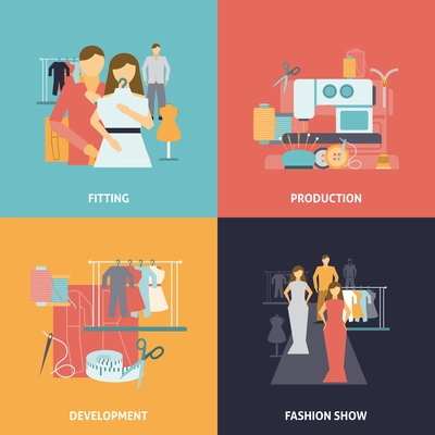 Clothes design icons set with production process development and fashion show flat isolated vector illustration