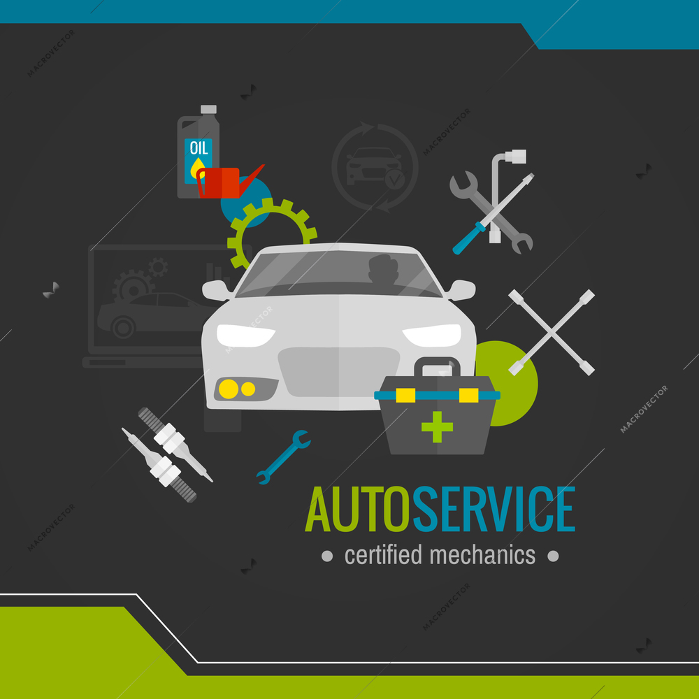 Auto mechanic flat icon with car repair tools set vector illustration