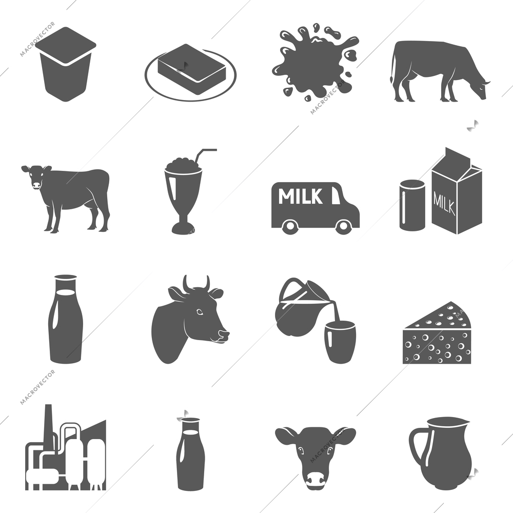 Milk cow and dairy products black icons set with sour cream and butter abstract isolated vector illustration