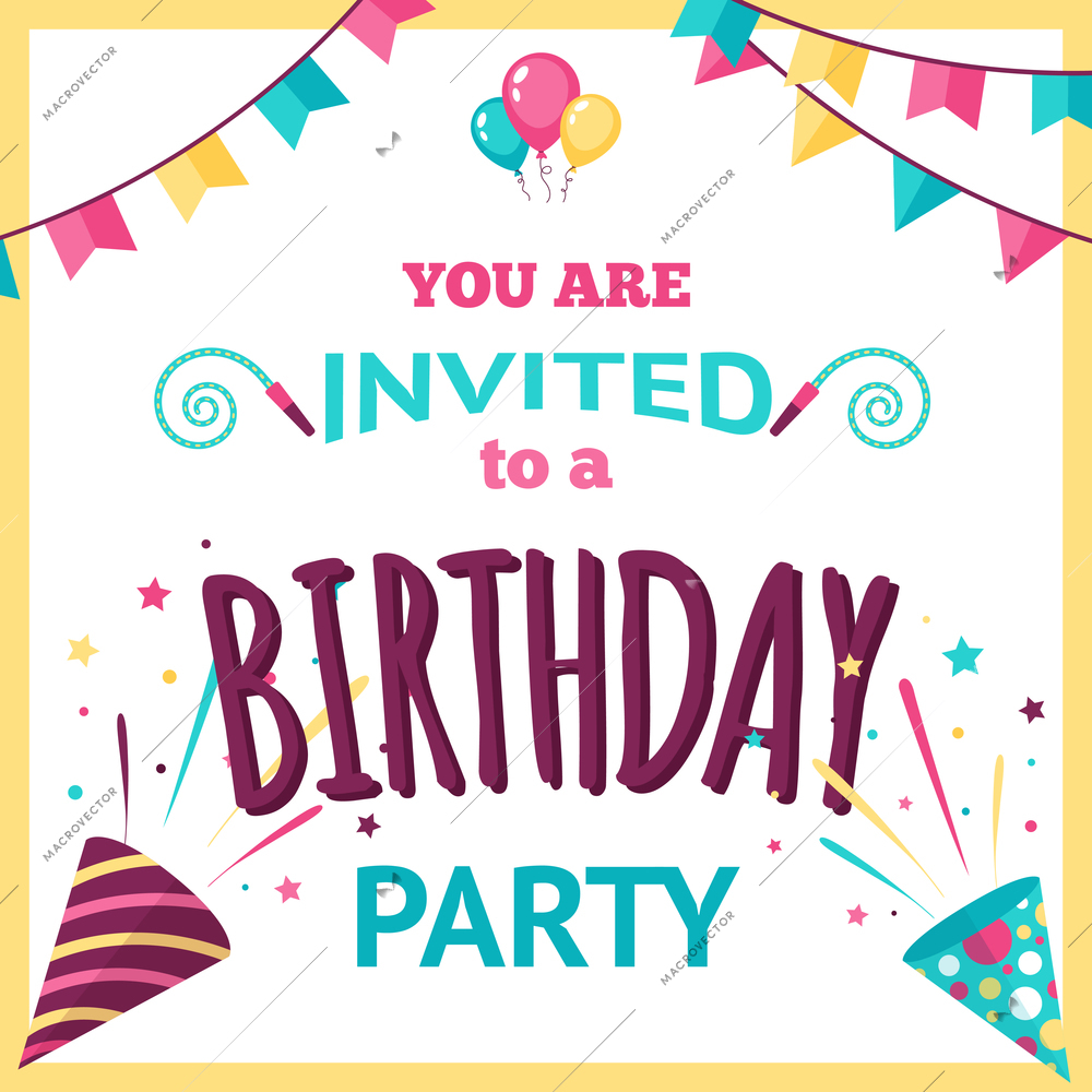 Birthday party invitation template with holiday decoration elements vector illustration