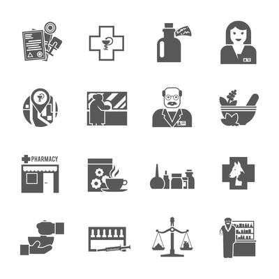 Pharmacy chemist shop black icons set with cross asclepius medical symbols and apothecary abstract  isolated vector illustration