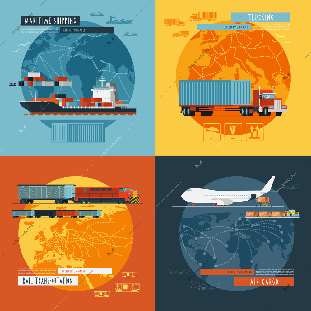 Logistic maritime shipping and air cargo transportation worldwide 4 flat icons composition banner abstract isolated vector illustration