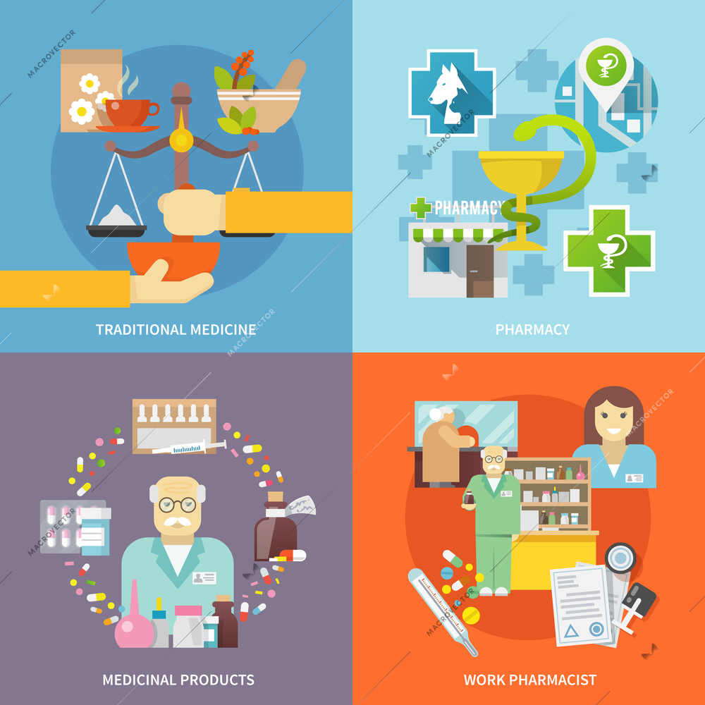 Pharmacist design concept set with traditional medicine and medicinal products flat icons isolated vector illustration