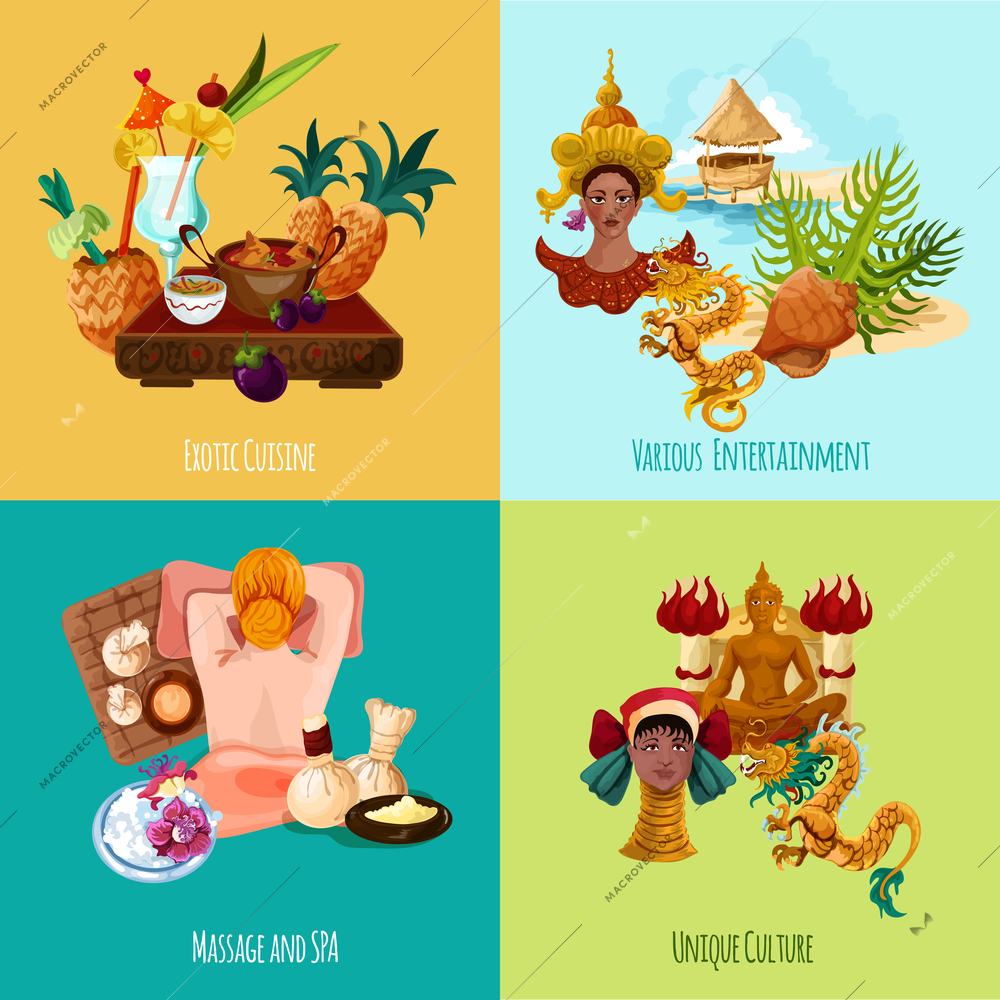 Thailand touristic design concept set with exotic cuisine massage spa culture and entertainment cartoon icons isolated vector illustration