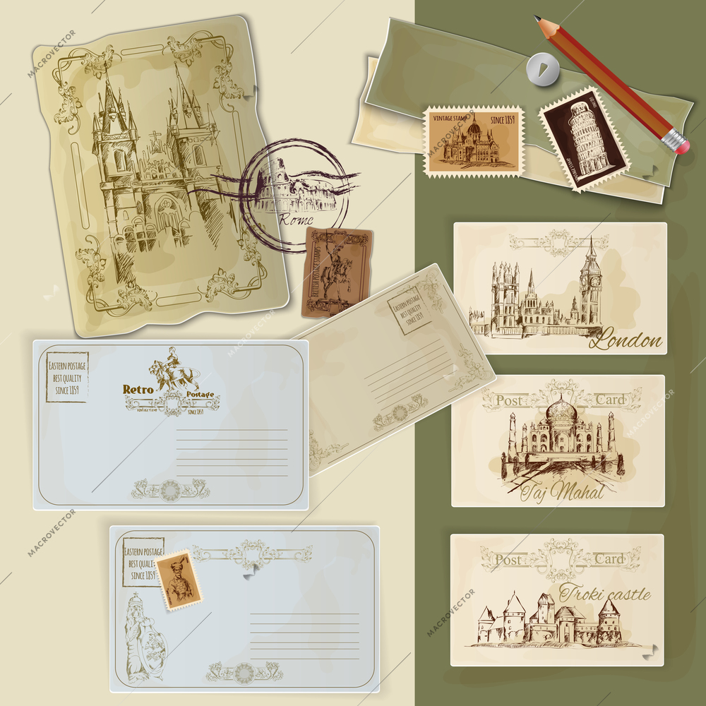 Hand drawn vintage postcards set with world landmarks scrapbooking template vector illustration