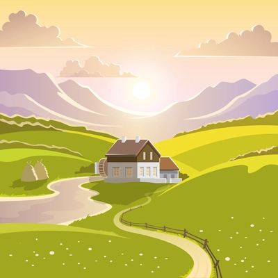 Mountain landscape with summer sun green meadow and country house vector illustration