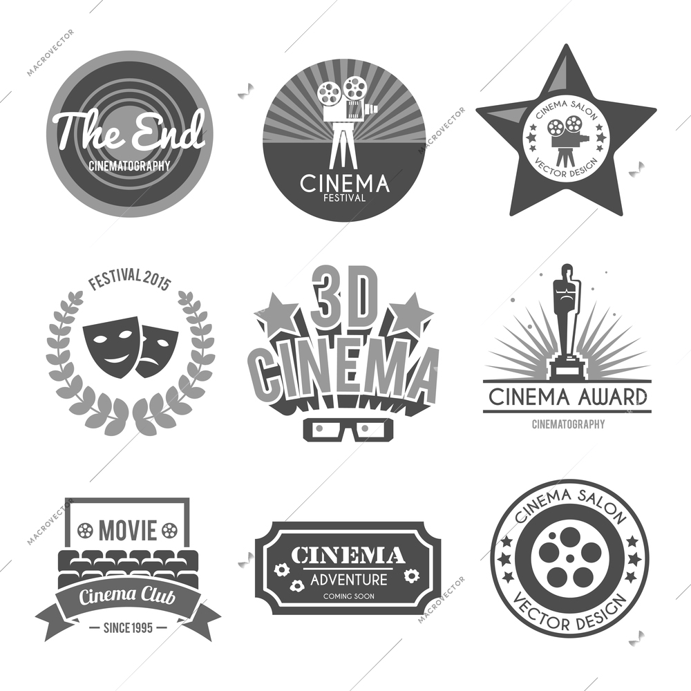 Cinema 3d film clubs retro black labels collection with movie theater entry tickets camera  isolated vector illustration