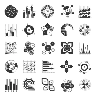 Business chart black and white set with pie scatter bar diagrams icons isolated vector illustration