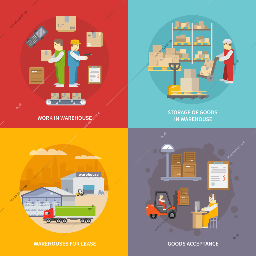 Warehouse design concept set with goods acceptance and storage flat icons isolated vector illustration