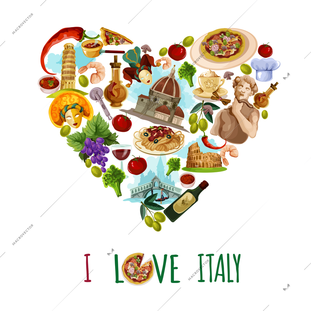 Italy poster with cartoon touristic landmarks in heart shape vector illustration