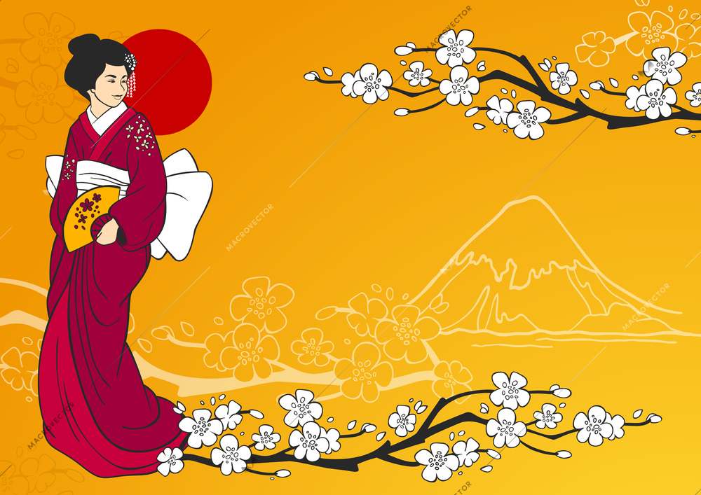 Geisha on traditional japanese background with sakura flowers and mountain silhouette vector illustration