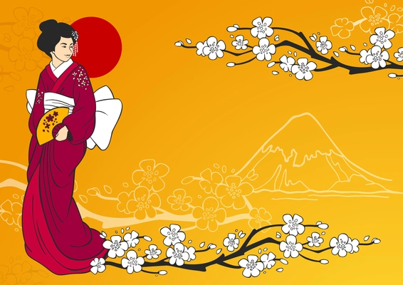 Geisha on traditional japanese background with sakura flowers and mountain silhouette vector illustration