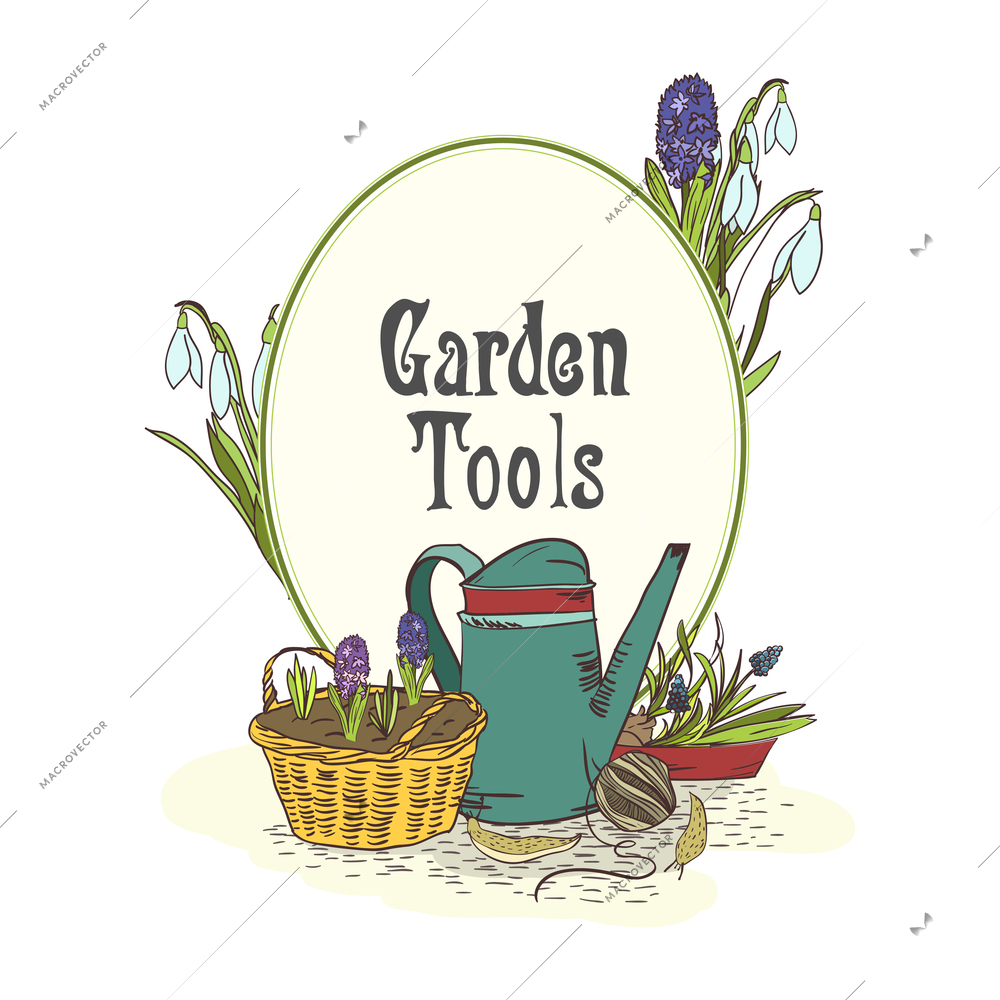 Hand drawn gardening tools emblem with watering can green saplings and seedlings vector illustration