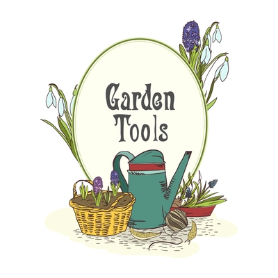 Hand drawn gardening tools emblem with watering can green saplings and seedlings vector illustration