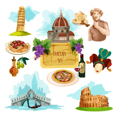 Italy touristic set with cartoon venice gondola rome colloseum and pisa tower icons isolated vector illustration