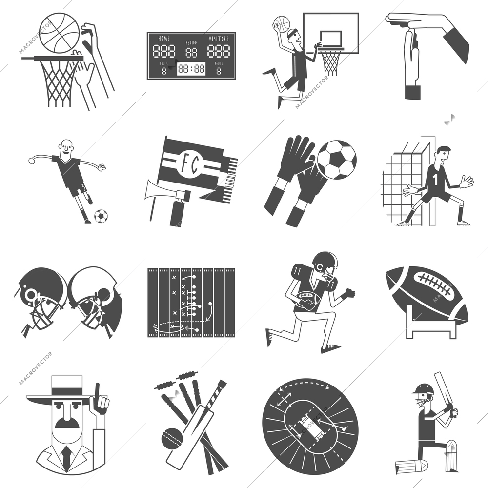 Basketball cricket and football competitive matches team sport attributes symbols icons collection black abstract vector isolated illustration