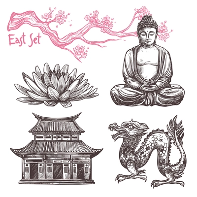 Asian sketch set with lotus buddha dragon sakura branch isolated vector illustration