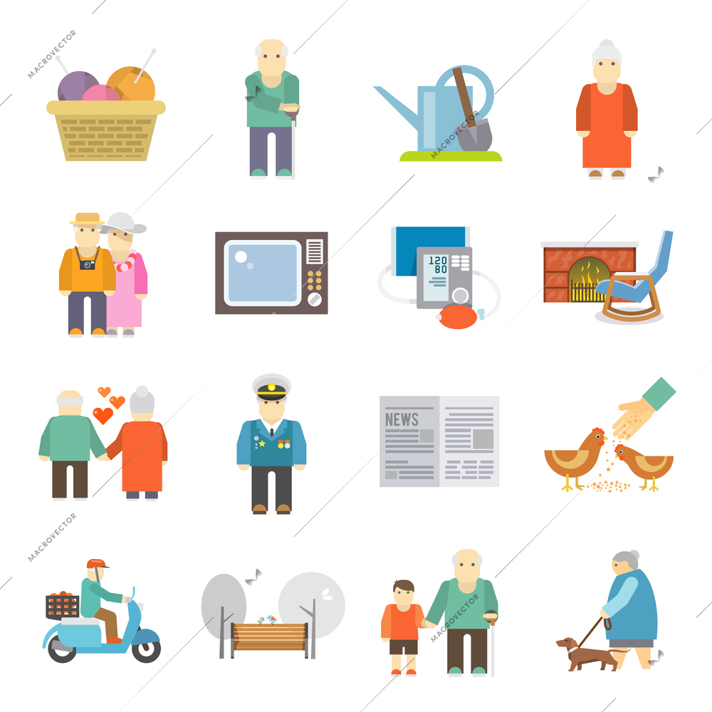 Retired couple of aged pensioners with pets life style concept flat icons set abstract isolated vector illustration