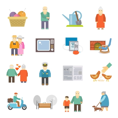 Retired couple of aged pensioners with pets life style concept flat icons set abstract isolated vector illustration