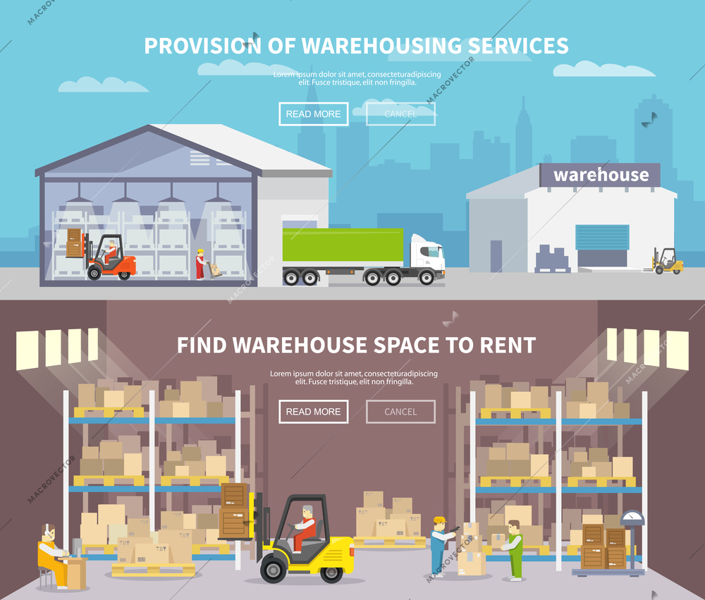 Warehouse banner set with shipping and delivery flat elements isolated vector illustration