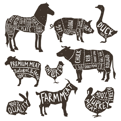 Farm animals and poultry silhouette icons set with typographics isolated vector illustration