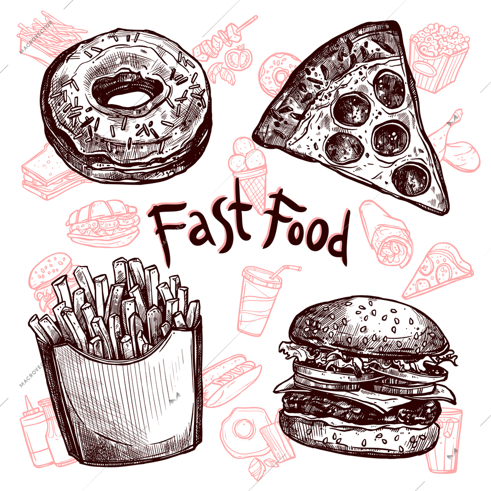 A lot of fast food and drinks sketch set vector illustration