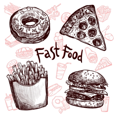 A lot of fast food and drinks sketch set vector illustration