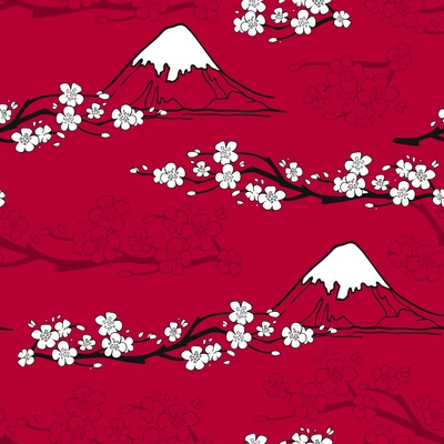 Japanese seamless pattern with sakura blossoms and fuji mountains vector illustration