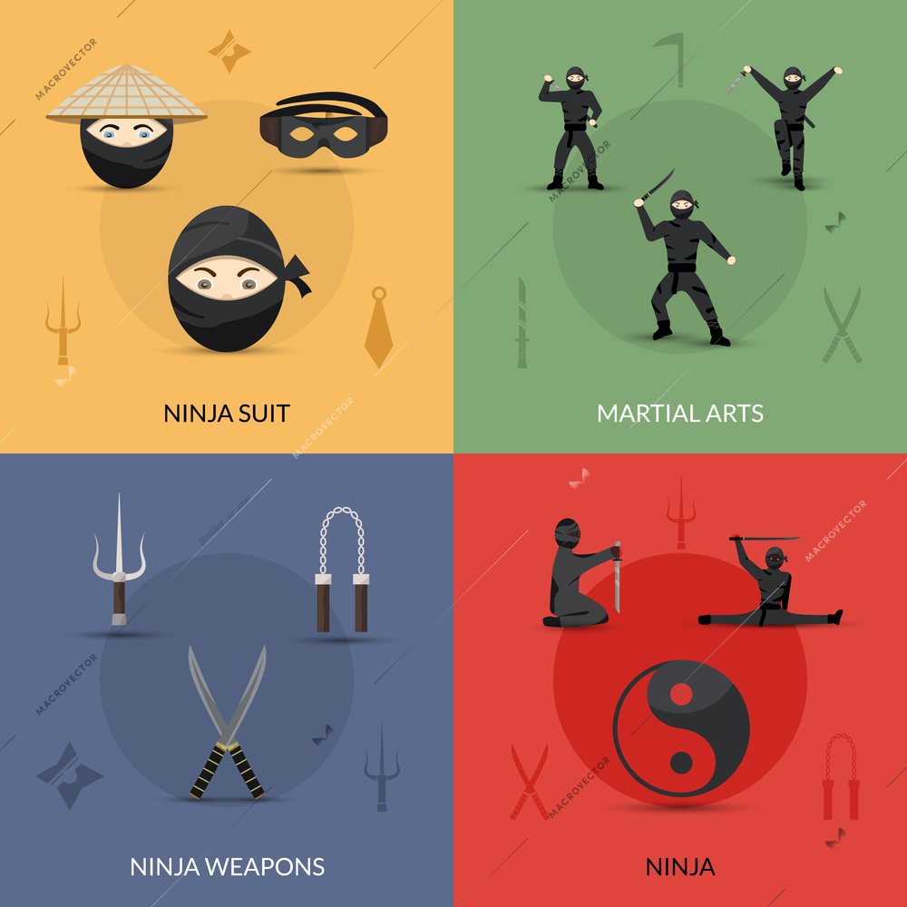 Ninja design concept set with suit weapon and martial arts flat icons isolated vector illustration