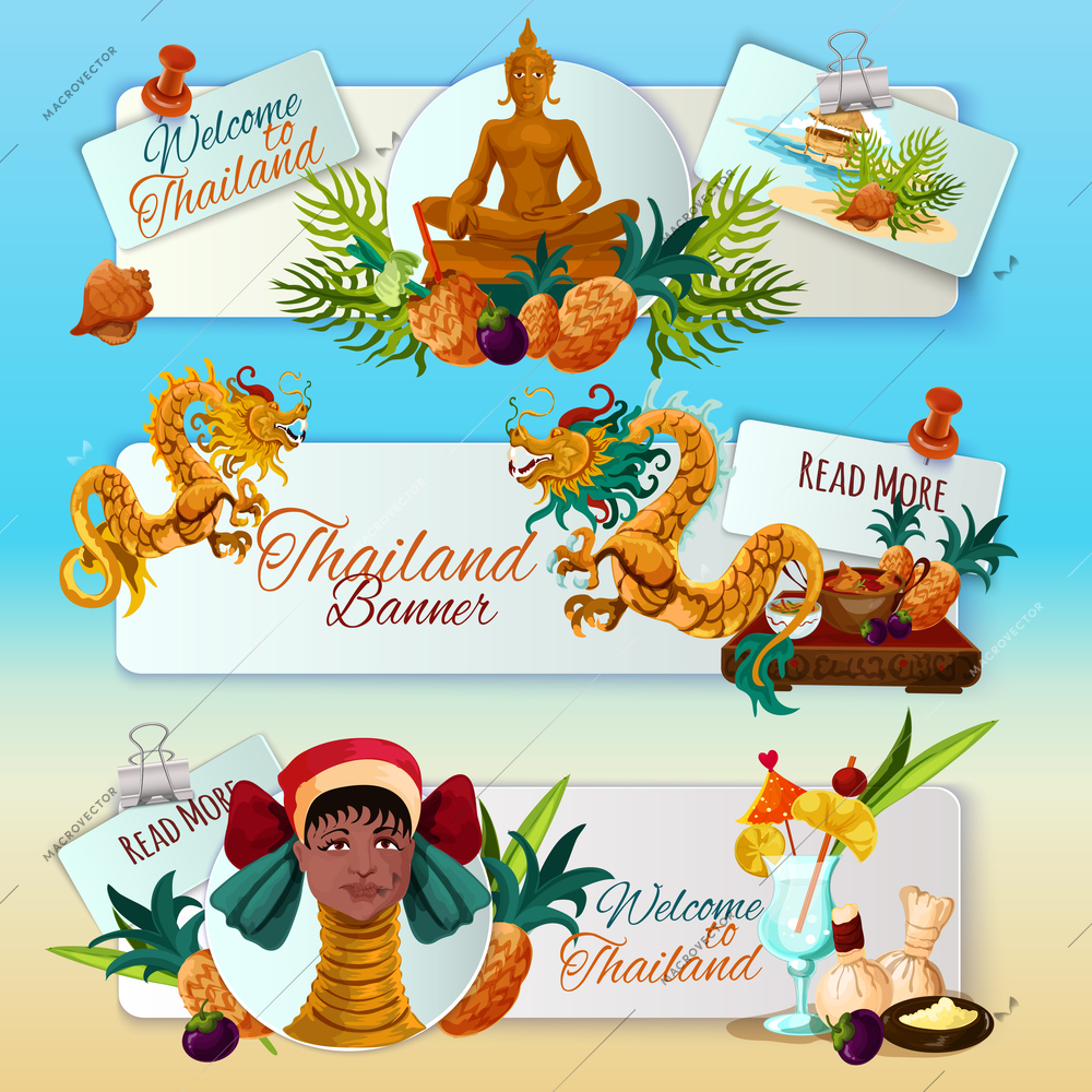 Thailand touristic banners horizontal set with cartoon traditional culture elements isolated vector illustration