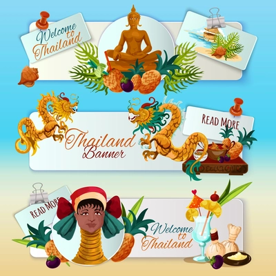 Thailand touristic banners horizontal set with cartoon traditional culture elements isolated vector illustration