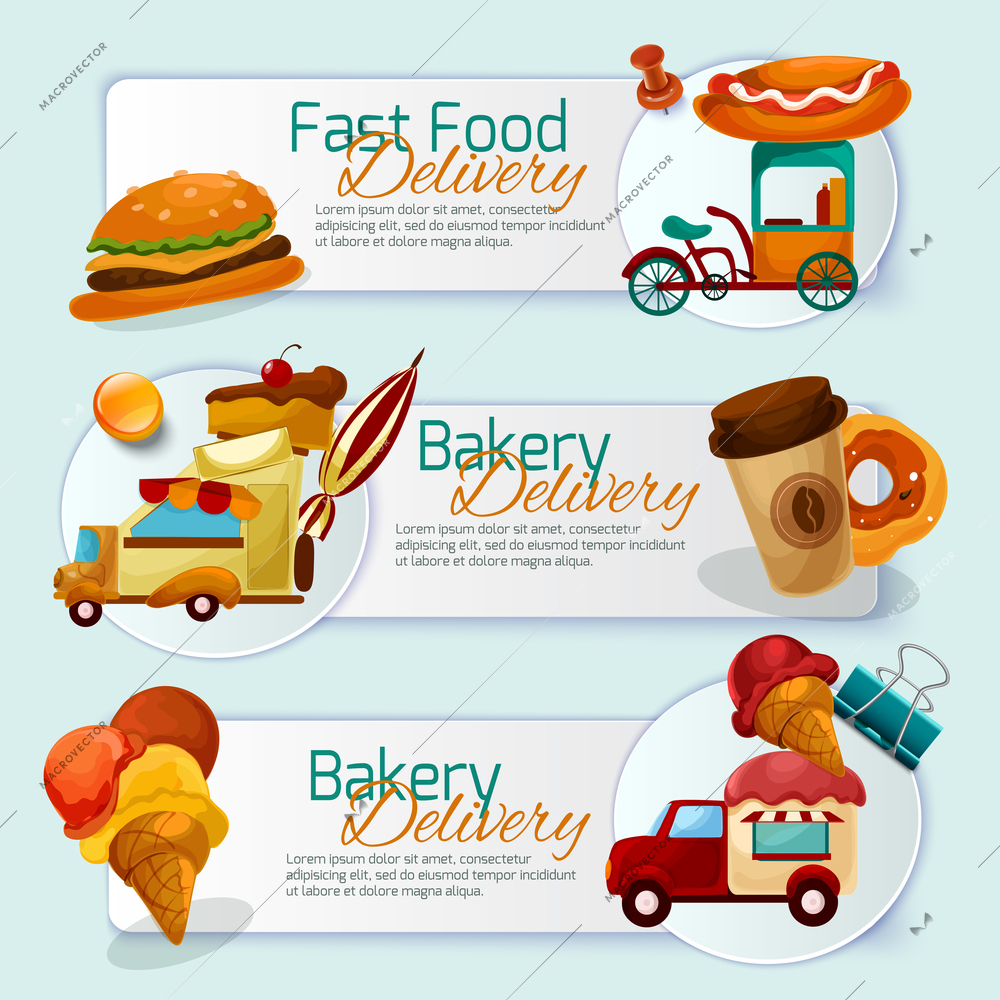 Food delivery horizontal banner set with cartoon trucks isolated vector illustration