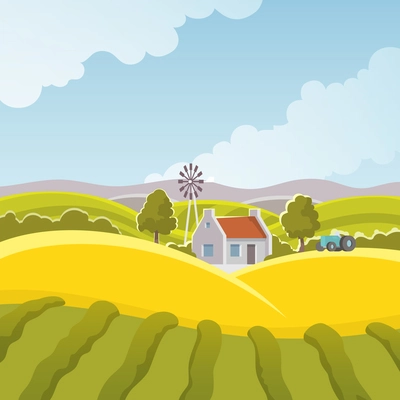 Rural summer landscape with field and village house vector illustration