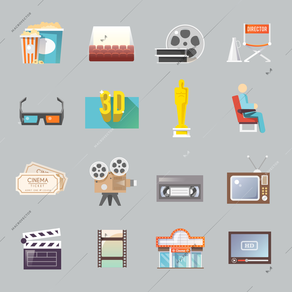 Movie theater cinema entrance retro tickets and 3d polarized glasses flat icons collection  abstract isolated vector illustration