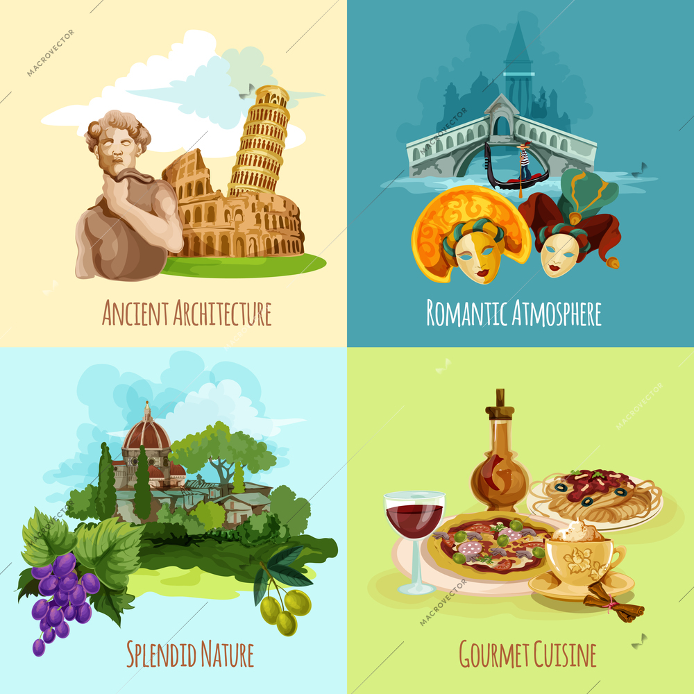 Italy touristic design concept set with architecture nature and cuisine cartoon icons isolated vector illustration