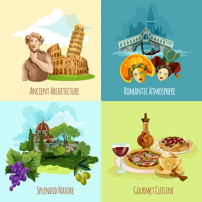 Italy touristic design concept set with architecture nature and cuisine cartoon icons isolated vector illustration