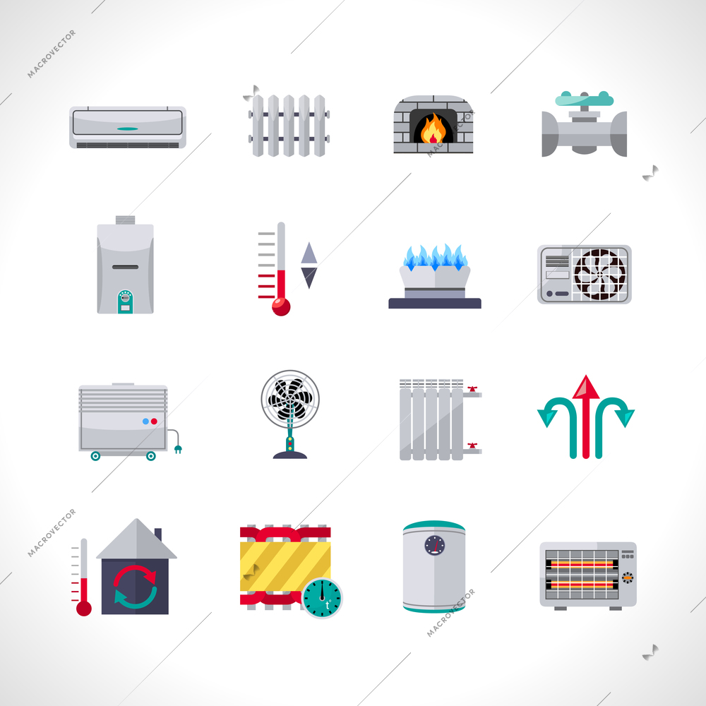 Heating icons set with household electric and air conditioning system symbols isolated vector illustration