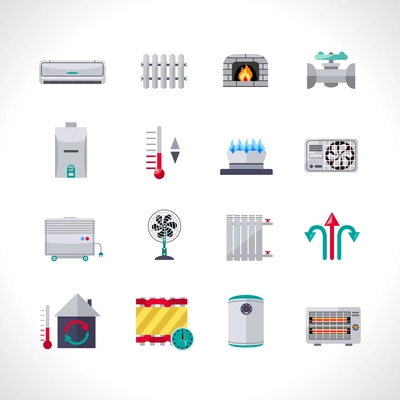 Heating icons set with household electric and air conditioning system symbols isolated vector illustration