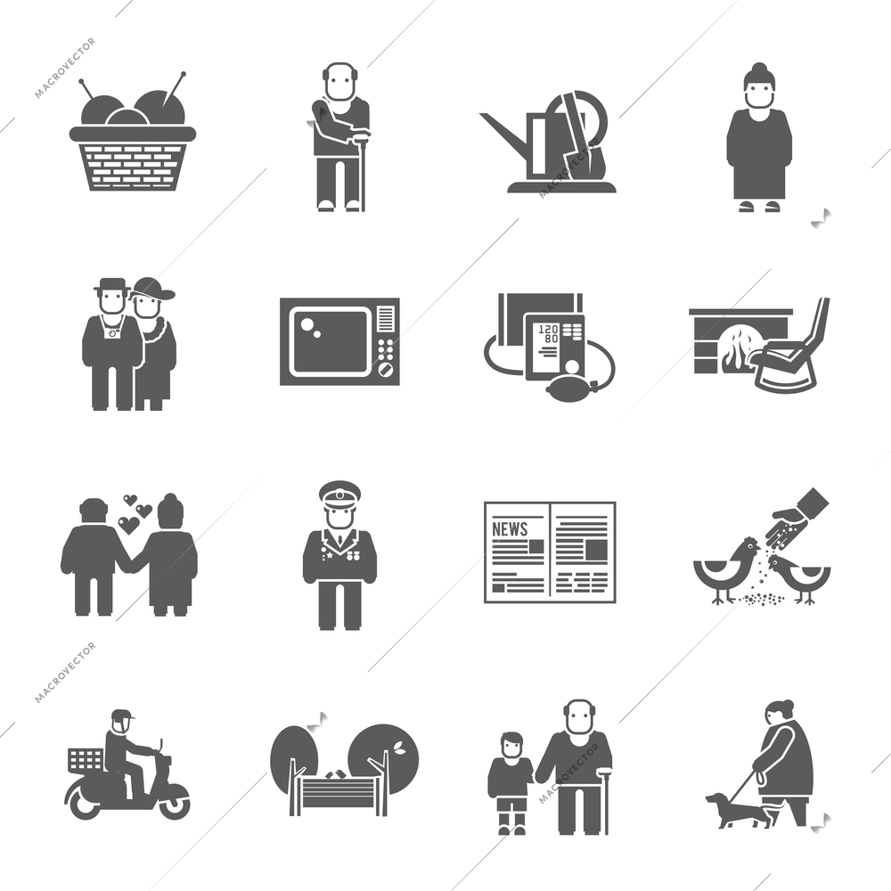 Active healthy pensioners life style grey icons set isolated vector illustration