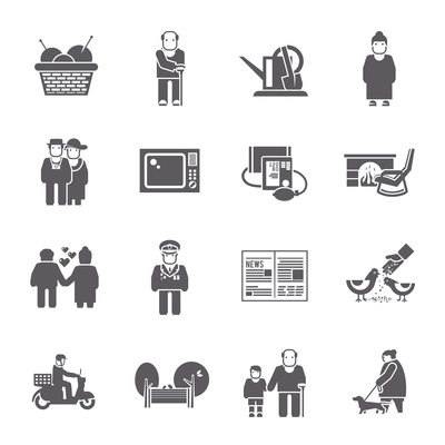 Active healthy pensioners life style grey icons set isolated vector illustration