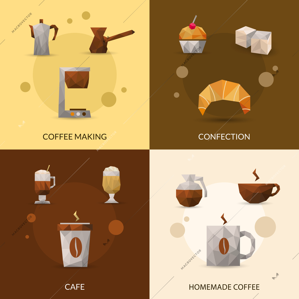 Coffee making and confectionery polygonal icon set isolated vector illustration