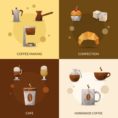 Coffee making and confectionery polygonal icon set isolated vector illustration