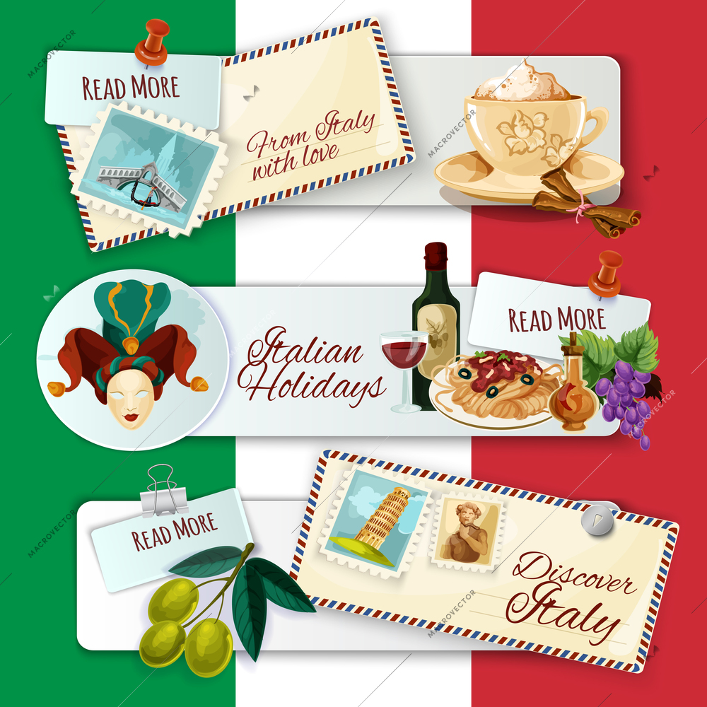 Italy horizontal banners set with cartoon touristic elements and holiday postcards on flag background isolated vector illustration