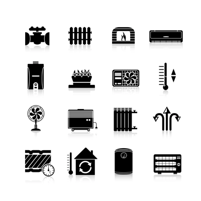 Heating icons black set with heat and cooling household system symbols isolated vector illustration